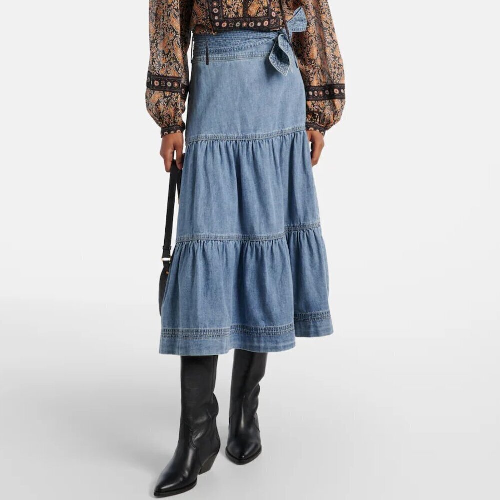 Veronica Beard Armida Tiered Denim Midi Skirt Belt Missing